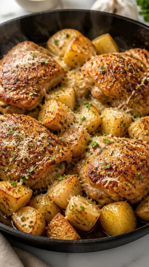 One-pan garlic parmesan chicken and potatoes skillet dish garnished with herbs