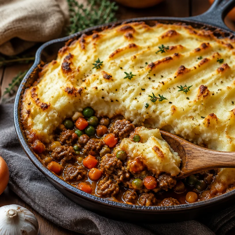One-Pan Shepherd's Pie served with a garnish on a plate.