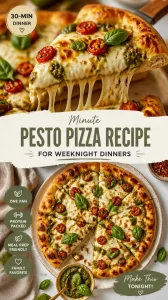 Delicious homemade pesto pizza topped with fresh ingredients.