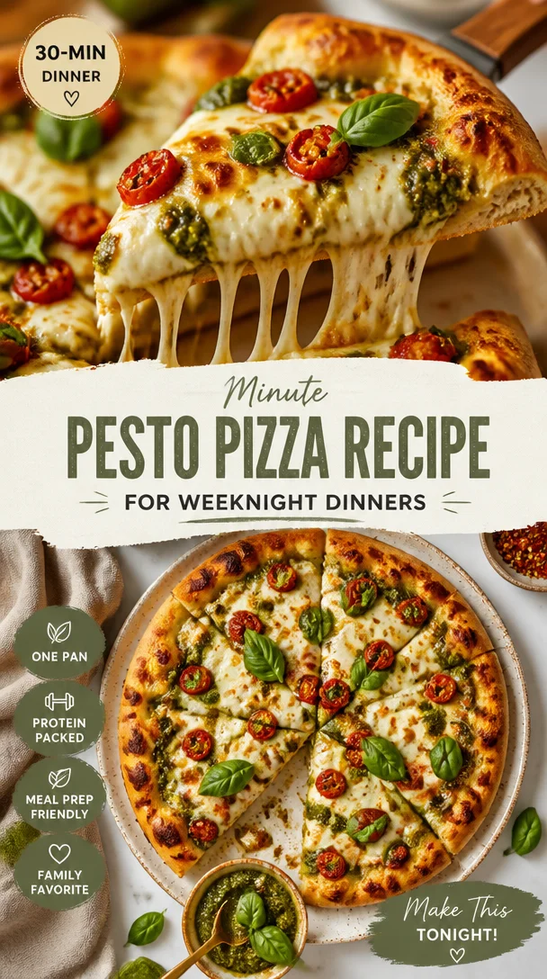 Delicious homemade pesto pizza topped with fresh ingredients.