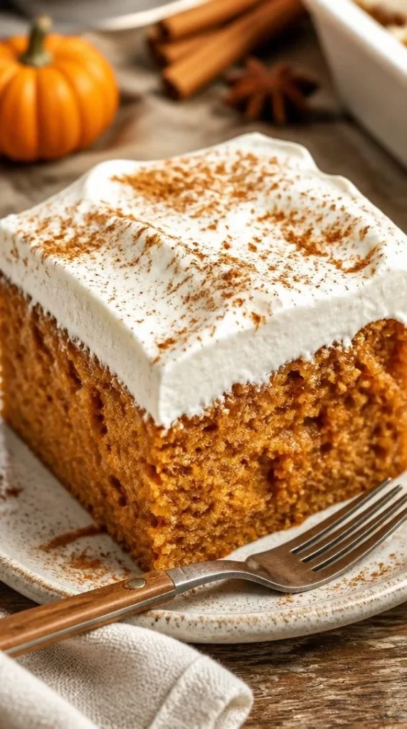 Minute Pumpkin Spice Poke Cake topped with whipped cream and autumn spices