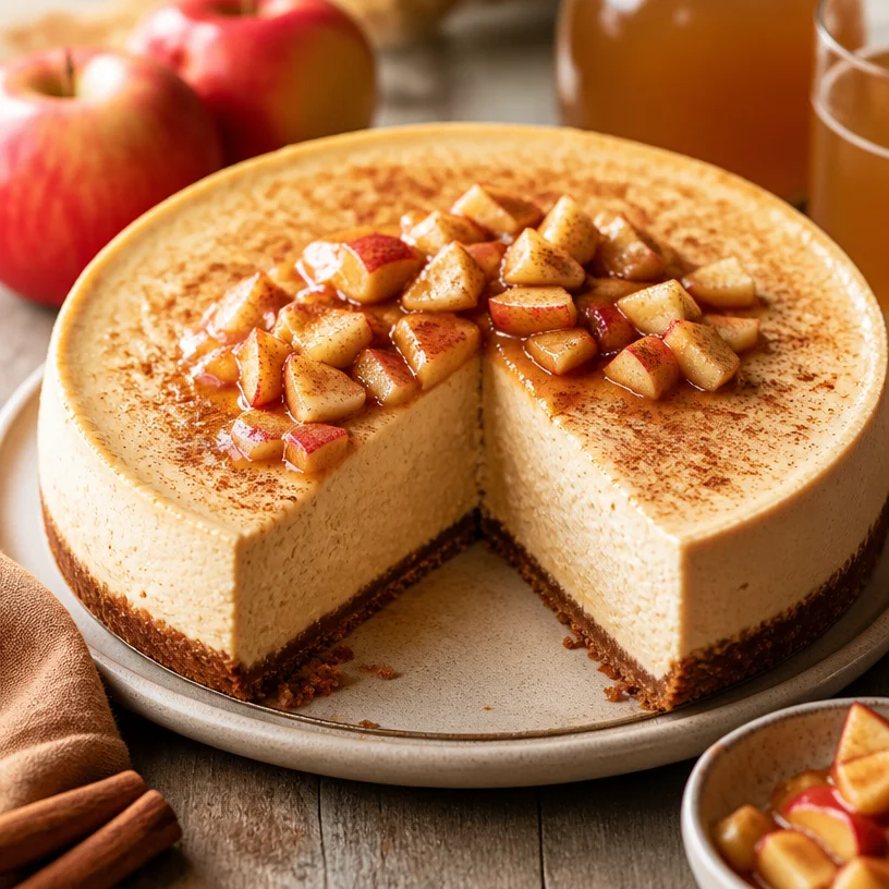 No-Bake Apple Cider Cheesecake garnished with autumn fruits