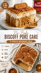 No-Bake Biscoff Poke Cake topped with Biscoff cookies and whipped cream