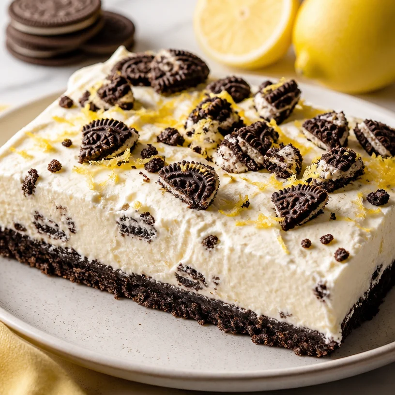 No-Bake Oreo Lemon Dessert garnished with lemon slices and Oreo crumbs