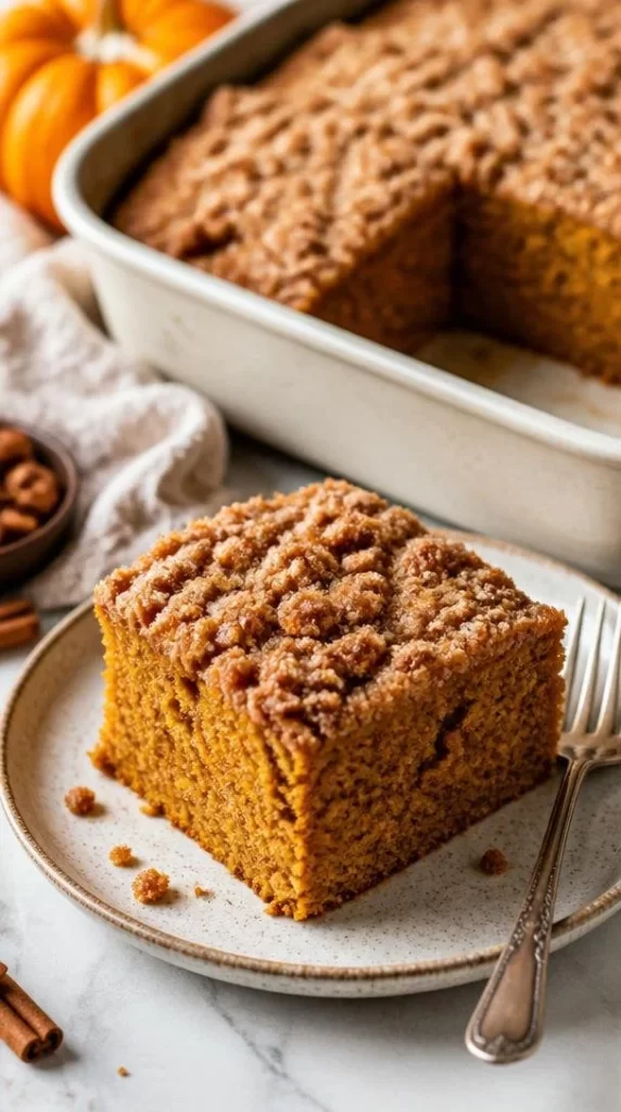 One-bowl pumpkin coffee cake sliced on a wooden table with seasonal decor