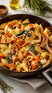 Delicious one-pan pumpkin feta pasta dish with colorful ingredients