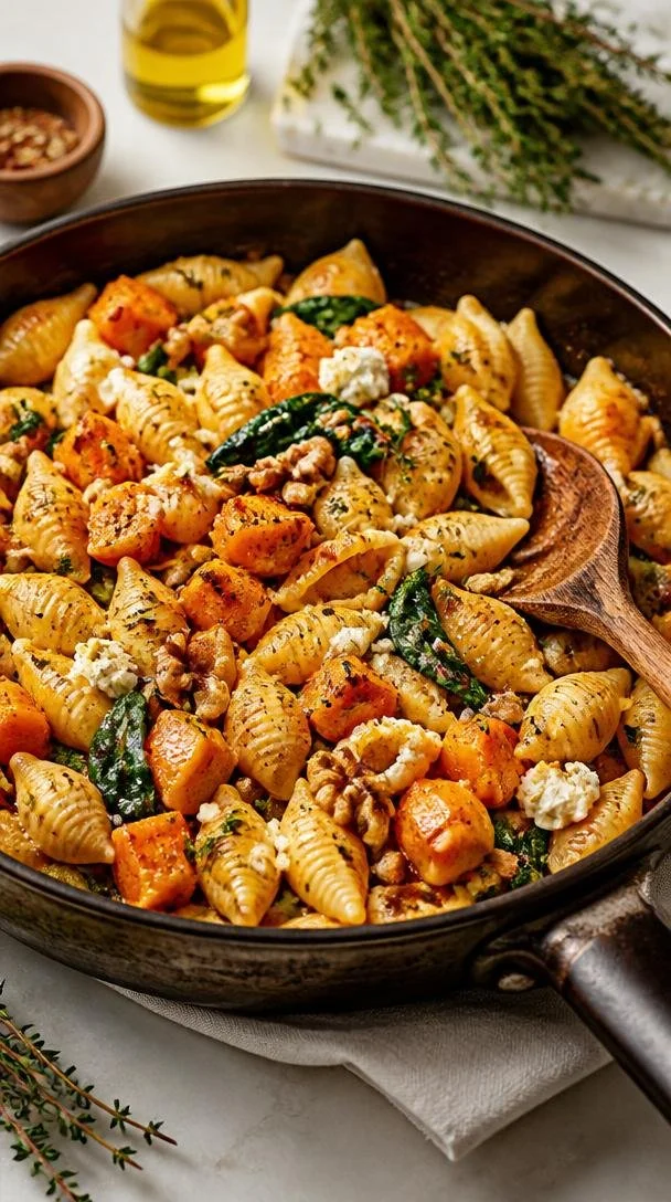 Delicious one-pan pumpkin feta pasta dish with colorful ingredients