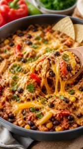 One-Pan Chicken Fajita Casserole served in a skillet with vibrant veggies and cheese