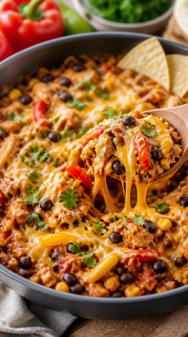 One-Pan Chicken Fajita Casserole served in a skillet with vibrant veggies and cheese