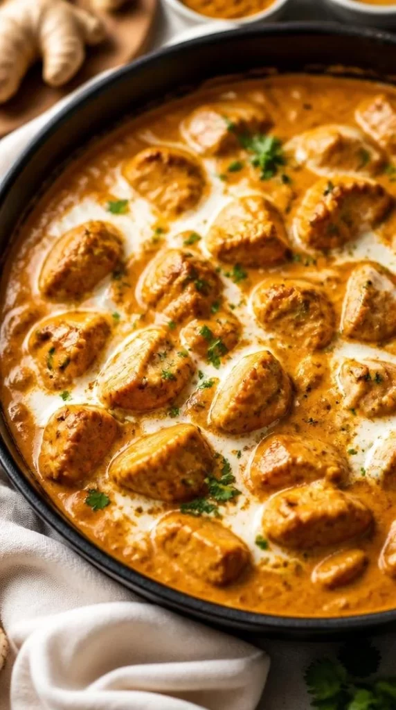 Creamy Pumpkin Butter Chicken served in a skillet for fall weeknight meals