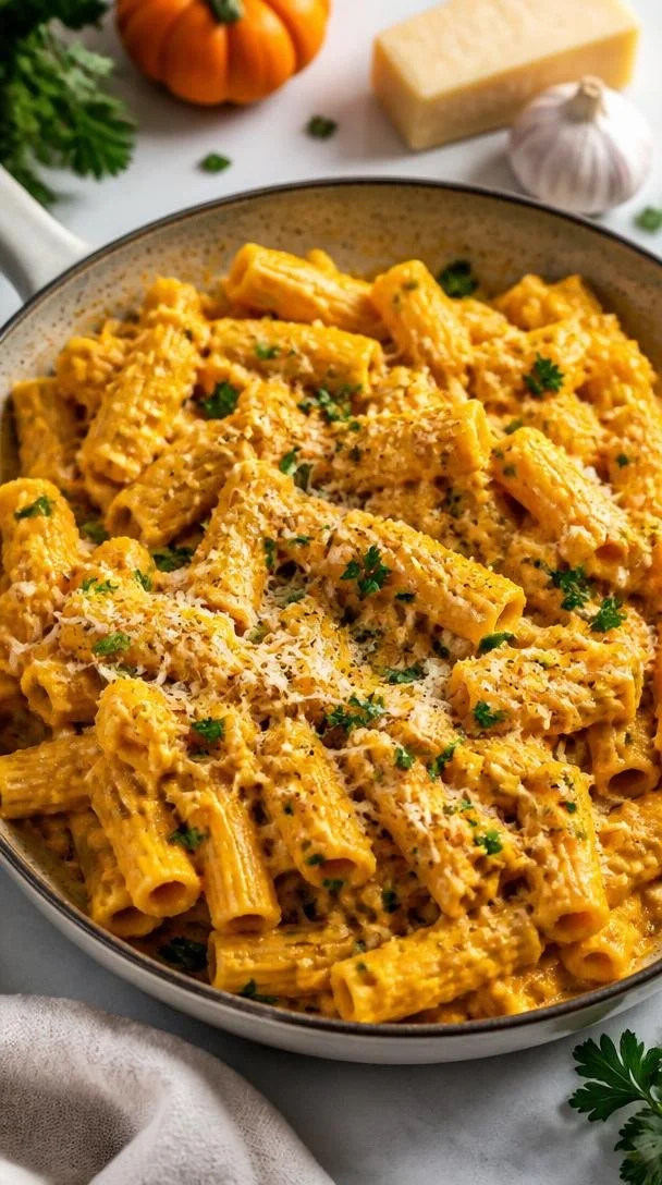One-pan creamy pumpkin ricotta pasta dish topped with fresh herbs