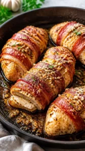 One-Pan Crispy Bacon-Wrapped Garlic Parmesan Chicken ready to serve
