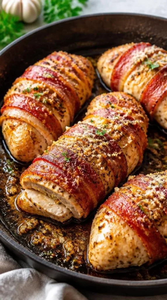 One-Pan Crispy Bacon-Wrapped Garlic Parmesan Chicken ready to serve