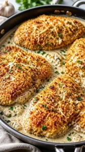 One-Pan Crispy Parmesan Chicken with Garlic Cream Sauce on a plate