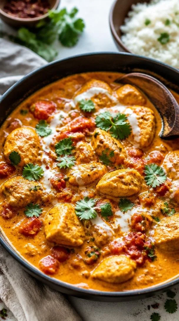 One-Pan Pumpkin Chicken Curry served in a bowl with fresh herbs and rice