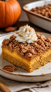 One-Pan Pumpkin Crunch Cake served with whipped cream on a fall-themed table