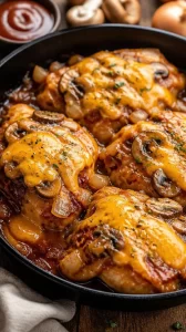 One-Pan Texas Roadhouse-style smothered chicken recipe with savory ingredients.