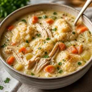 Delicious one-pot chicken dumpling soup served in a bowl.