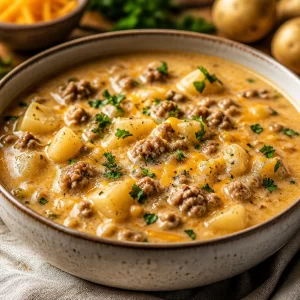 Bowl of creamy cheesy beef and potato soup garnished with herbs