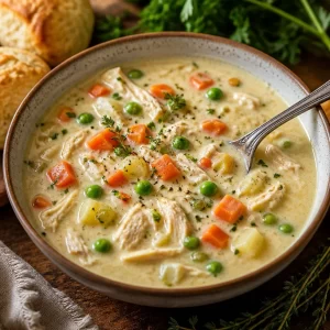 Creamy chicken pot pie soup in a bowl with vegetables and herbs