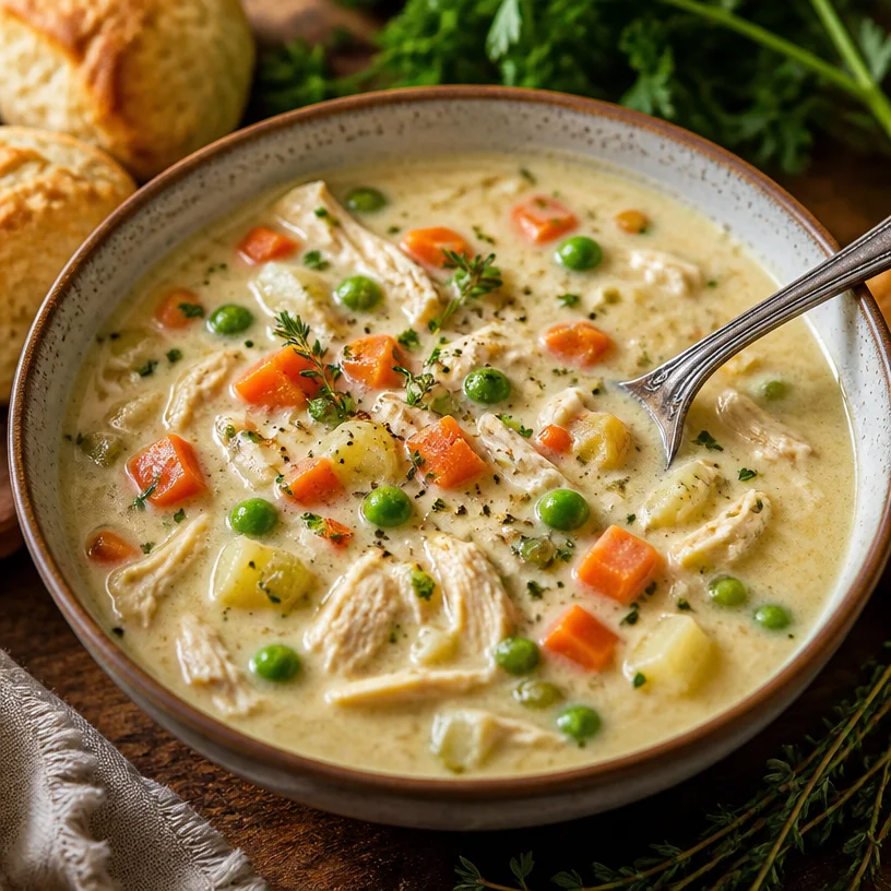 Creamy chicken pot pie soup in a bowl with vegetables and herbs