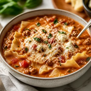 Creamy lasagna soup served in a bowl with ingredients surrounding it.