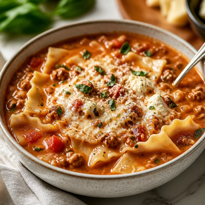 Creamy lasagna soup served in a bowl with ingredients surrounding it.