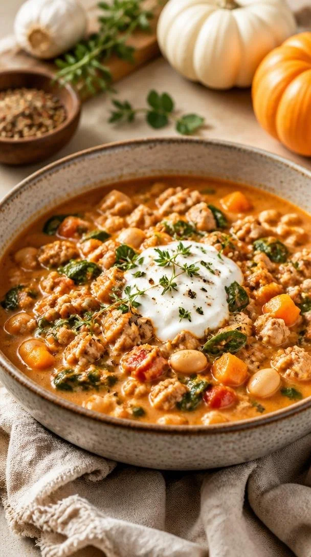 Creamy turkey pumpkin chili in a bowl, perfect for busy weeknight meals.
