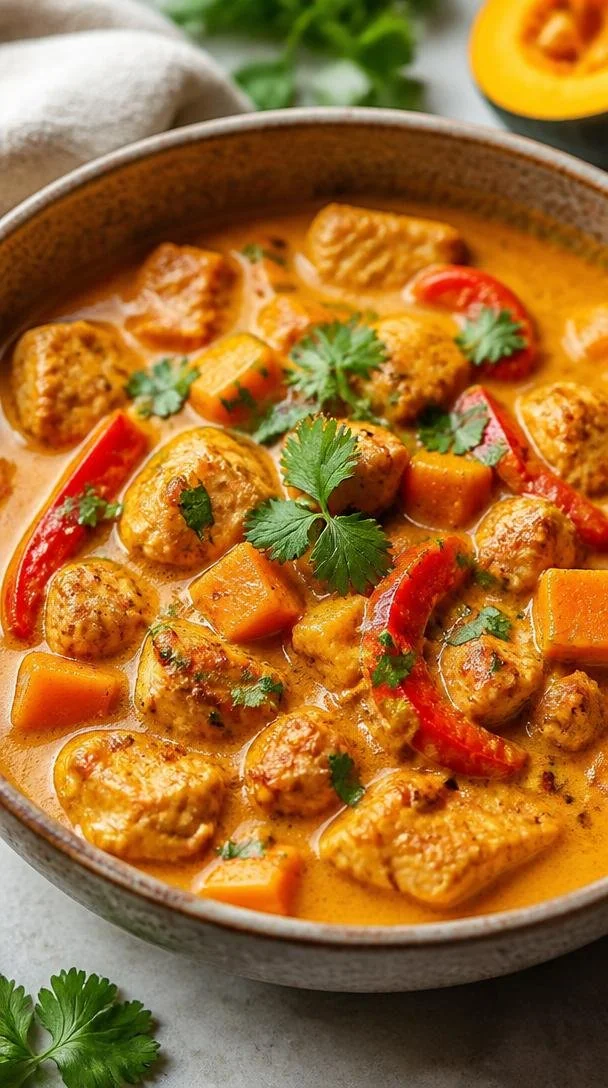One-Pot Pumpkin Coconut Chicken Curry served in a bowl