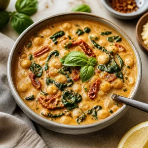 Creamy One-Pot Tuscan Chickpea Soup served in a bowl