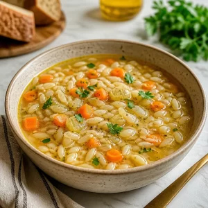 Bowls of delicious orzo soup garnished with fresh herbs and vegetables.