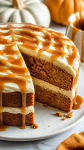 Pumpkin cake with caramel cream cheese frosting on a rustic table.
