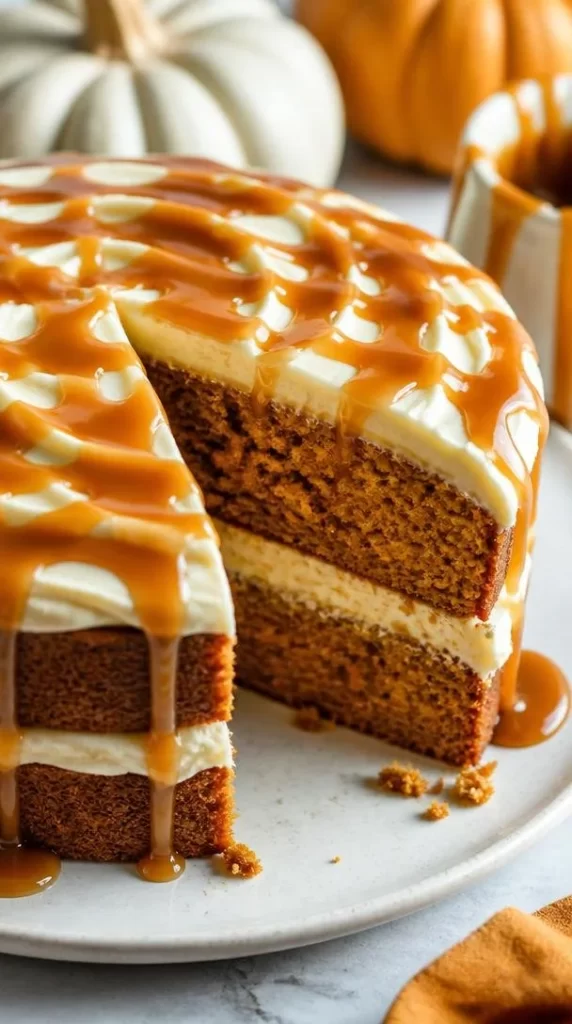 Pumpkin cake with caramel cream cheese frosting on a rustic table.