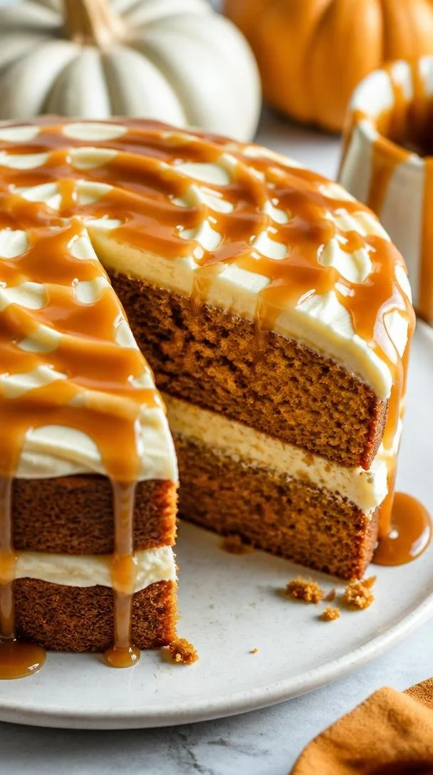Pumpkin cake with caramel cream cheese frosting on a rustic table.