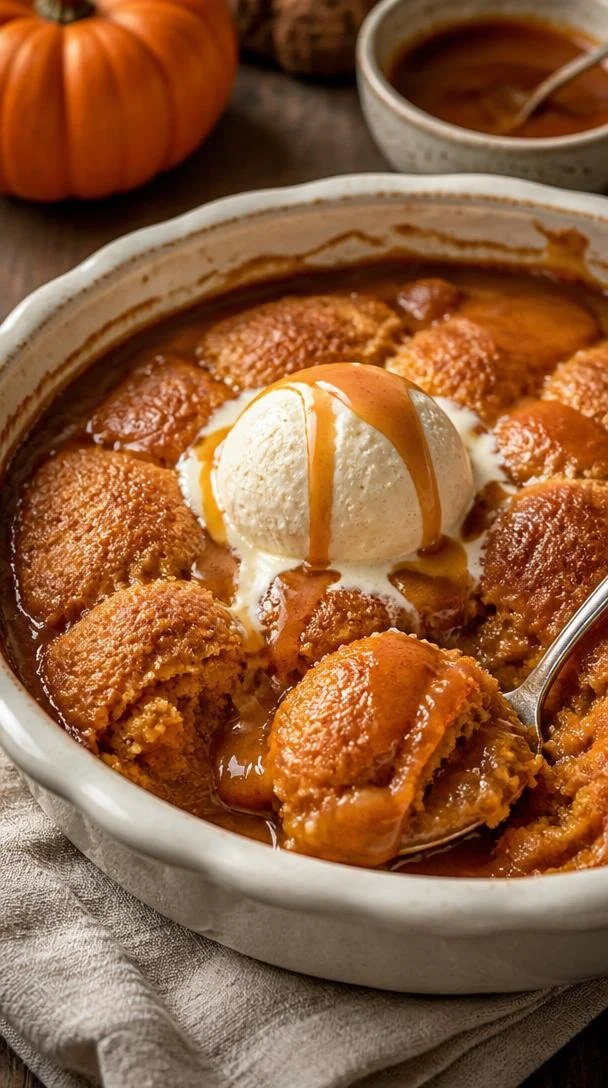 Delicious Pumpkin Cobbler dessert topped with whipped cream and spices