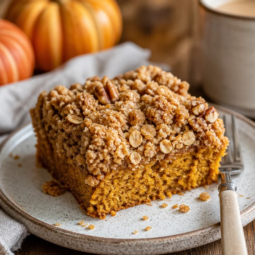Sliced Pumpkin Crumb Cake with a golden crumb topping on a rustic wooden background.