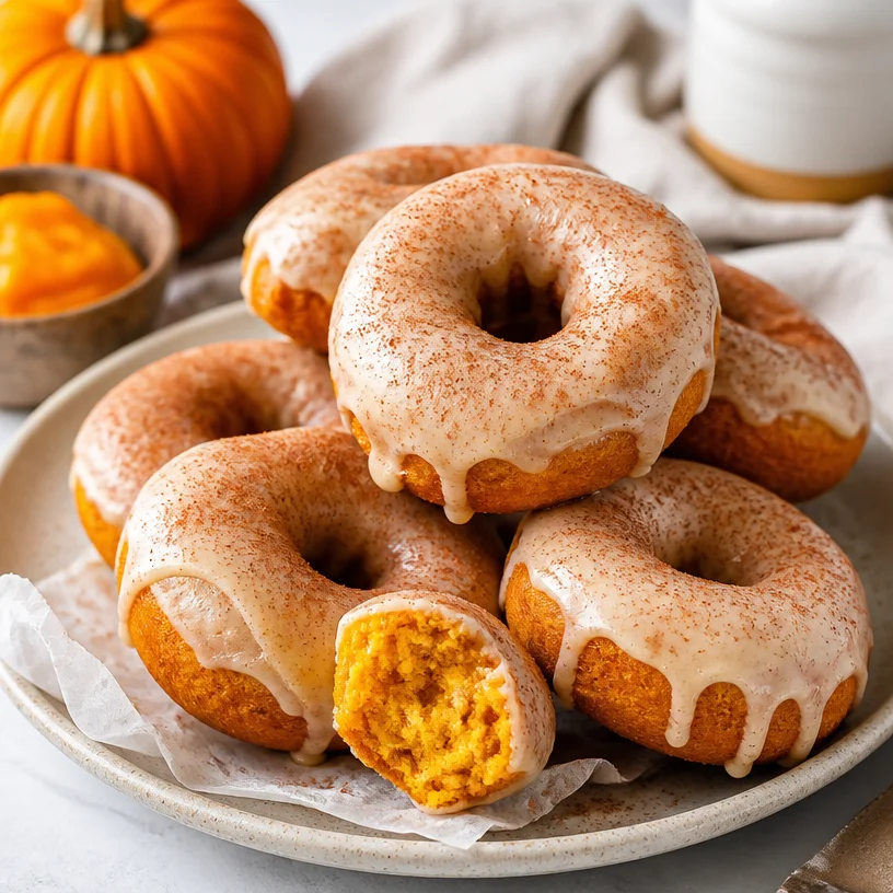 Freshly baked pumpkin donuts with spices and icing on a wooden table