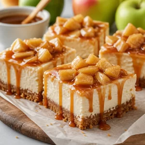 Seasonal apple caramel cheesecake bars on a dessert plate