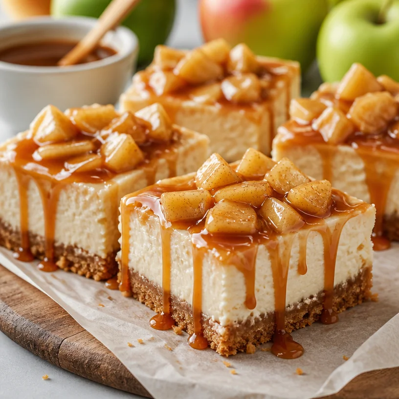 Seasonal apple caramel cheesecake bars on a dessert plate