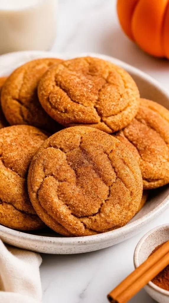 Soft chewy pumpkin snickerdoodle cookies on a rustic wooden table