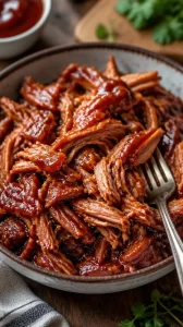 Delicious Crockpot BBQ chicken pulled apart served on a platter