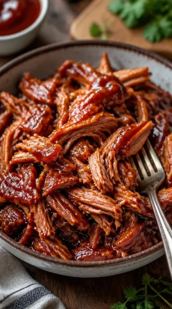 Delicious Crockpot BBQ chicken pulled apart served on a platter