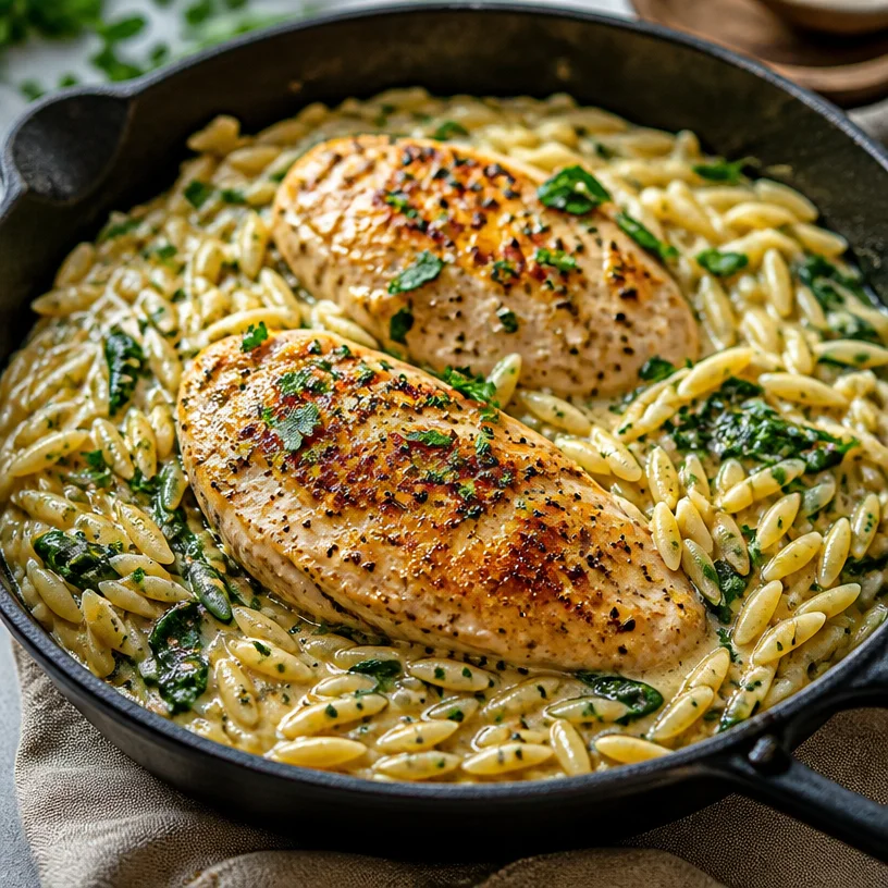 One-pot creamy Boursin chicken orzo skillet with fresh ingredients