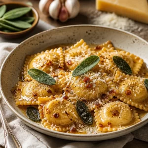 Delicious pumpkin ravioli served with garlic brown butter sauce on a plate