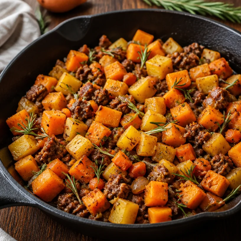Skillet dish with roasted butternut squash and ground beef