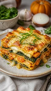 Creamy pumpkin spinach lasagna topped with cheese, a perfect vegetarian dish.