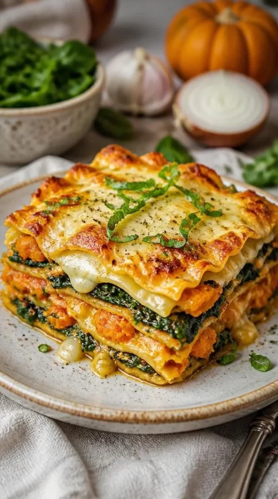 Creamy pumpkin spinach lasagna topped with cheese, a perfect vegetarian dish.