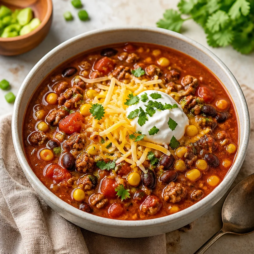 Delicious Beef Taco Soup served in a bowl with toppings