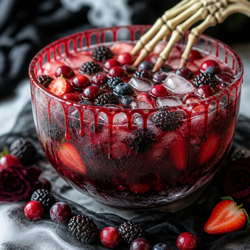 Chilling Bloody Berry Punch in a spooky Halloween-themed glass