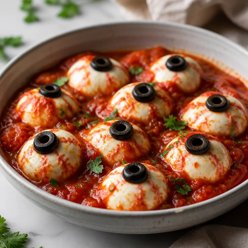 Spooky Bloody Mozzarella Eyeballs Halloween snack served on a plate